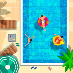 Swimming pool in top view background. People swimming, relax, place for summer fun and parties. Sun loungers by pool, air mattress and floating rings, umbrellas, beach objects. Vector illustration.