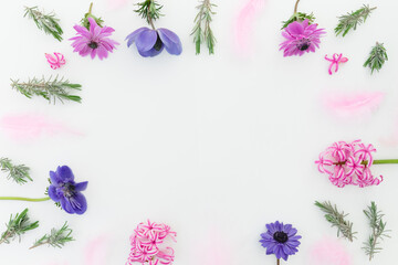 Floral frame with pink and blue flowers and feathers on white. Flat lay