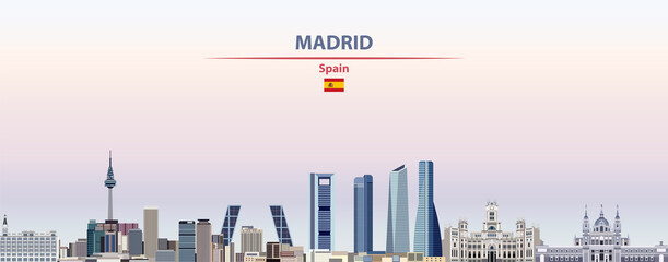 Madrid cityscape on sunset sky background vector illustration with country and city name and with flag of Spain