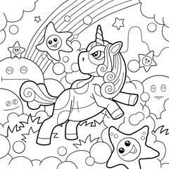 Fototapeta na wymiar cartoon cute pony unicorn, coloring page, outline illustration