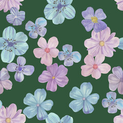 Botanical pattern on a green background. Blue flowers painted by watercolor. Seamless watercolor illustration. Flowers for design, wallpaper, textiles and wrapping paper.