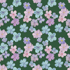 Botanical pattern on a green background. Blue flowers painted by watercolor. Seamless watercolor illustration. Flowers for design, wallpaper, textiles and wrapping paper.