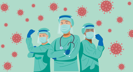 Frontline heroes, Illustration of doctors and nurses characters wearing masks fighting against virus. Vector