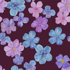 Botanical pattern on a purple background. Purple, blue flowers painted with watercolors. Seamless watercolor illustration. Flowers for design, wallpaper, textiles and wrapping paper.