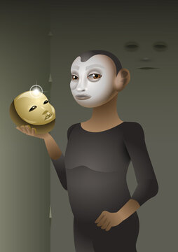 A butoh dancer with a golden mask in his hand. vector illustration