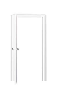 White opened door with frame and handle. Doorway in modern office or home vector illustration. Room or apartment entrance mockup. Realistic interior design element background