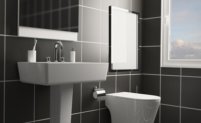 Scandinavian bathroom, classic  vintage interior design. 3D rendering.. Blank paintings.  Mockup.