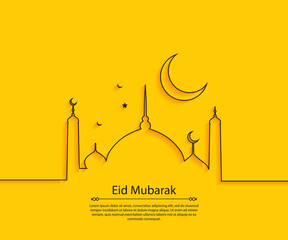 eid mubarak mosque, star, moon line art yellow plain background