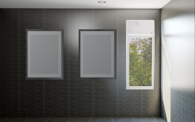 Naklejka na ściany i meble Clean and fresh bathroom with natural light. 3D rendering. Blank paintings. Mockup.