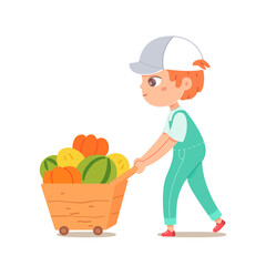 Boy working in farm or garden, walking with cart full of vegetables. Little happy kid taking harvest vector illustration. Child doing chores in agriculture in summer time