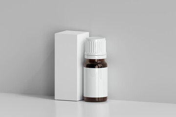 Amber Glass Medicine Bottle and Box 3D Rendering