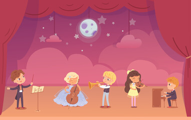 Kid musicians playing music on stage. Little girls and boys with piano, violin, trumpet, cello, conducting orchestra vector illustration. Children with instruments performing in front of audience