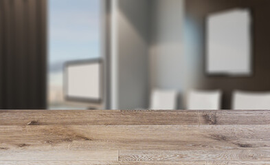 Background with empty wooden table. Flooring. Elegant office interior. Mixed media. 3D rendering.. Mockup.   E