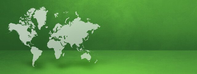 World map on green wall background. 3D illustration. Horizontal banner