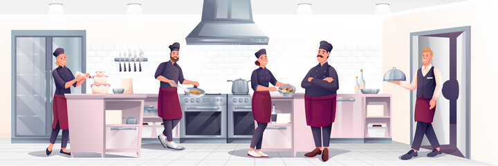 People cooking in restaurant kitchen. Professional chef with crew preparing food, waiter with serving plate vector illustration. Horizontal panorama, culinary room interior background