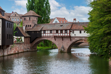 View of Hangman’s Bridge spanning the Pegnitz River in Nuremberg City, Germany,