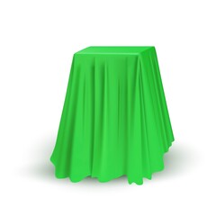 Green cloth drapery covering square table. Silk fabric hanging on gift for surprise reveal vector illustration. Hidden secret under veil decoration. Mysterious presentation event