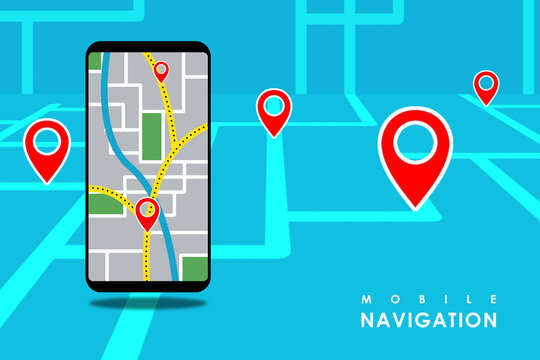 Illustration of smartphone with mobile navigation. Smartphone map application and red pinpoint on screen.