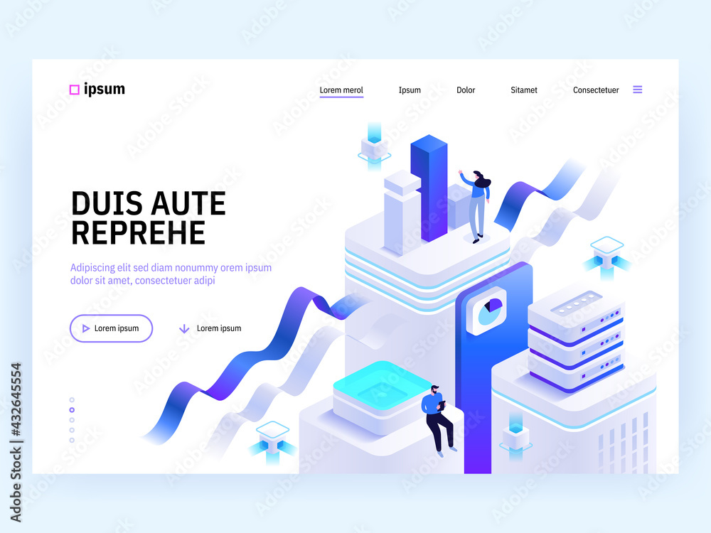 Wall mural vector landing page of tech isometric concept. teamwork in office, product development, data analysi