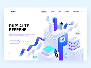 Vector landing page of Tech isometric concept. Teamwork in office, product development, data analysis, business analytics, marketing. Character illustration of advertising banner in isometry design - obrazy, fototapety, plakaty