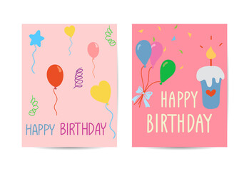 Set of cute creative birthday card templates. Hand Drawn card for birthday, party invitations, scrapbook, summer holidays. Vector illustration in pink, green and turquoise colors
