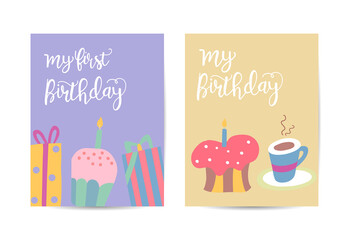 Happy birthday greeting card. Lovely birthday Cakes with candles.