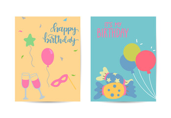 Happy Birthday Vector Set. Happy birthday greeting card. Balloons, Banners, Cupcakes, Cake, Celebration