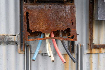 old rusty electrical box of side on abandoned warehouse