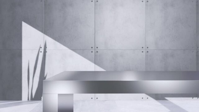 Product display table and  concrete wall background.Tropical leaves natural shadow.3d render.