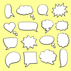 Geometric speech bubbles in cartoon style. Abstract shape creative frames for advertising text. Set blank copy space. Vector illustration, white elements on a yellow background