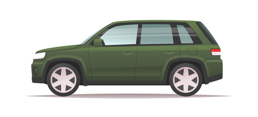Green SUV car side view on a white background. Great family vehicle. Vector illustration - obrazy, fototapety, plakaty