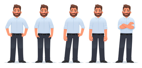 Set of character of a happy bearded man in different poses in classic clothes. Vector illustration