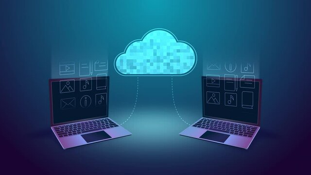 Cloud storage technology. loop animation of cloud online storage and icons. laptop or pc connection. Internet data transmission digital service application. Network computing technologies, hosting