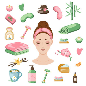 Set of elements of home spa, beauty, relaxation, beauty treatments. Set of the home spa accessories, face rollers towels, candles, tea, masks, soap, cosmetics, shampoos. Vector illustration.