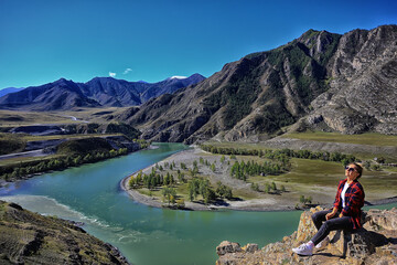 female meditation mountains, nature landscape summer