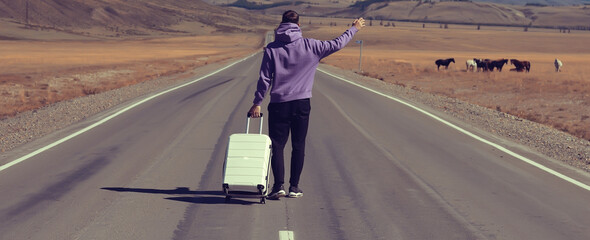 guy road suitcase mountains landscape, traveler, adventure freedom luggage, landscape tibet