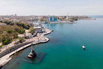 Symbol of Sevastopol, monument column with eagle dedicated to navy in sunny summer day, aerial view