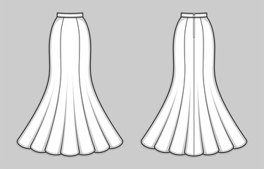 Long formal gored skirt with flared hemline, banded waist. Maxi mermaid skirt with back zip clasp. Back and front. Technical flat sketch, vector.