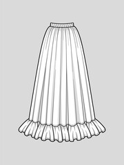 Flared long skirt with ruffle hem. Elastic smocked waist. Maxi length.