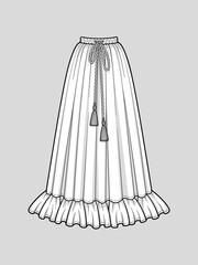 Flared long skirt with ruffle hem. Elastic smocked waist. Tasseled tie waist. Maxi length. Vector illustration. Technical flat sketch.