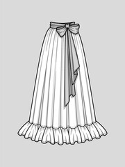Long flared smocked skirt with ruffle hem. Waist belt with a bow. Maxi length. Technical flat sketch. Vector illustration.