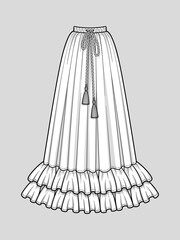 Long flared skirt with double ruffle hem. Elastic smocked waist. Tasseled tie waist. Floor length. Technical flat sketch. Vector illustration.