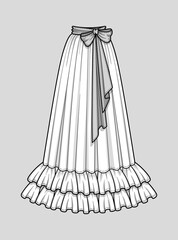 Long flared smocked skirt with double ruffle hem. Waist belt with a bow. Floor length. Technical flat sketch. Vector illustration.