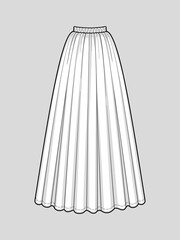 Long flared skirt with a smocked elastic waist. Floor length. Technical flat sketch. Vector illustration.