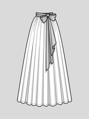 Long flared smocked skirt. Waist belt with a bow. Floor length. Technical flat sketch. Vector illustration.