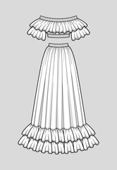 Off the shoulder smocked cropped top with ruffle neckline and short sleeves, elastic hem and neckline. Flared long skirt with double ruffle hem, elastic smocked waist. Technical flat sketch, vector.