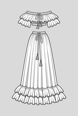 Off the shoulder crop top with ruffle neckline and short sleeves, elastic hem and neck. Maxi skirt with double ruffle hem, elastic smocked waist. Tasseled tie neck and waist. Technical sketch, vector.
