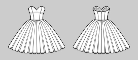 Knee-length corset bodice dress with strapless sweetheart neckline, panel lines, seam at waist, back zip closure, full volume skirt.  Back and front. Technical flat sketch. Vector illustration.