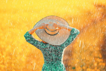 summer rain field girl flowers, beautiful young lady in spring field with flowers happiness freedom