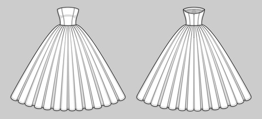 Quinceanera, wedding, ball gown dress. Corset bodice with strapless straight across neckline, seam at waist, back zip clasp, flared skirt with pleats. Back and front. Technical flat sketch, vector.